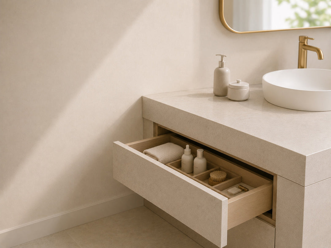 Organised bathroom vanity drawer with neatly arranged daily essentials