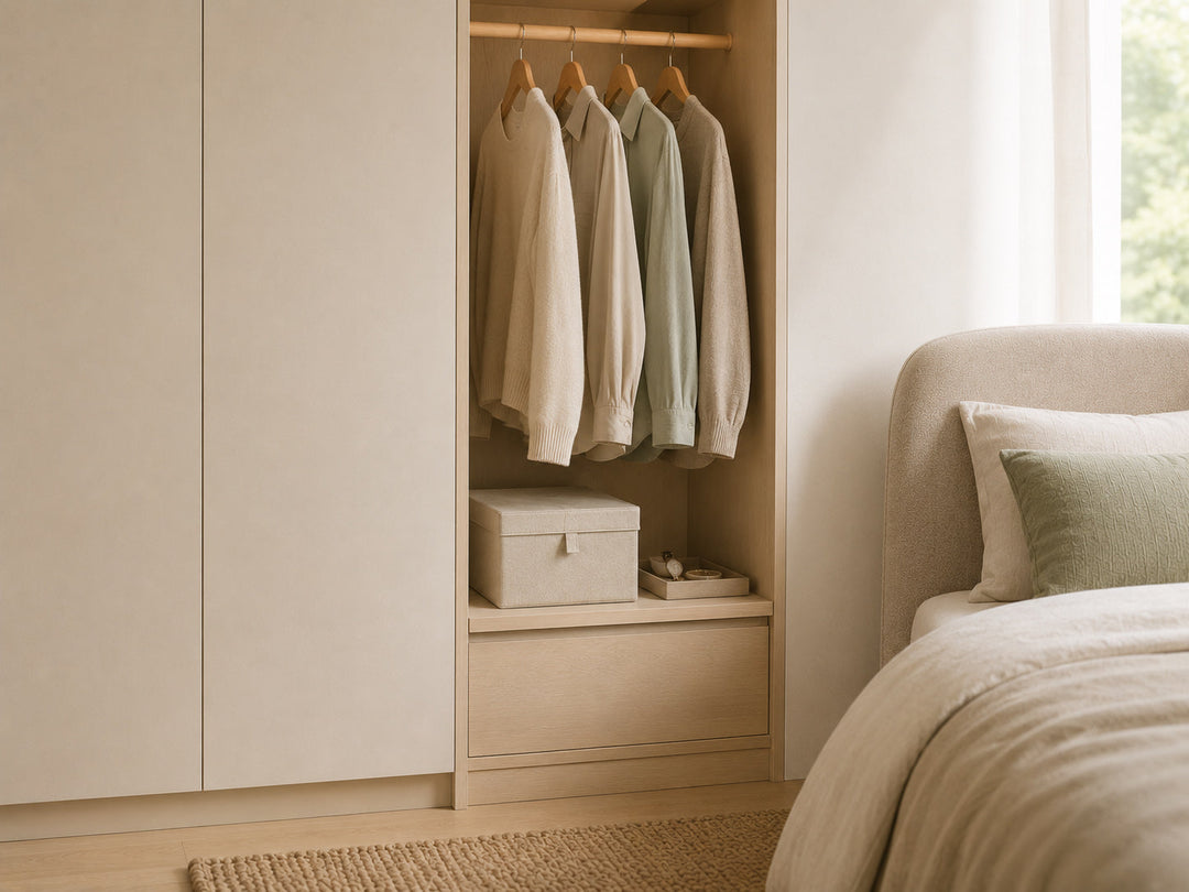 Organised bedroom wardrobe with neatly arranged clothing and storage
