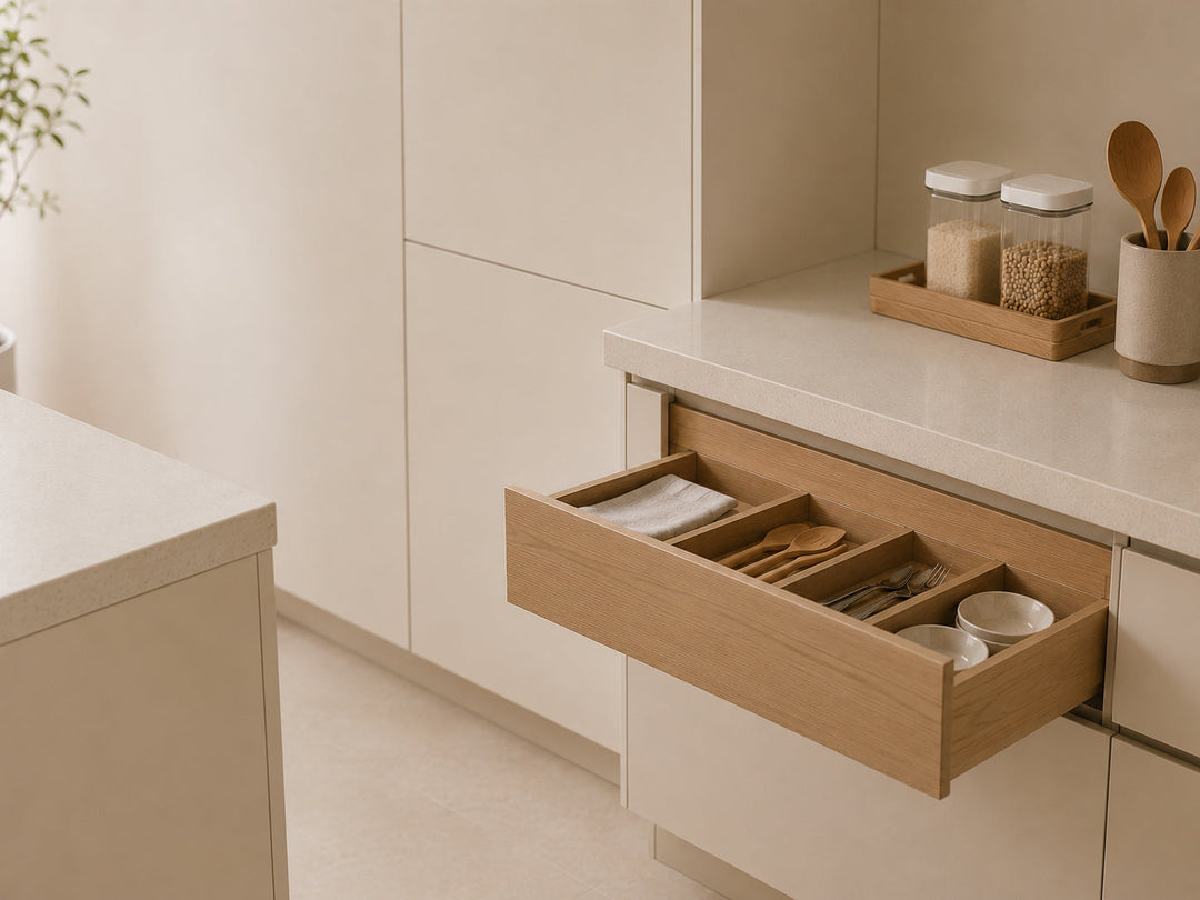 Organised kitchen drawer in a warm modern kitchen