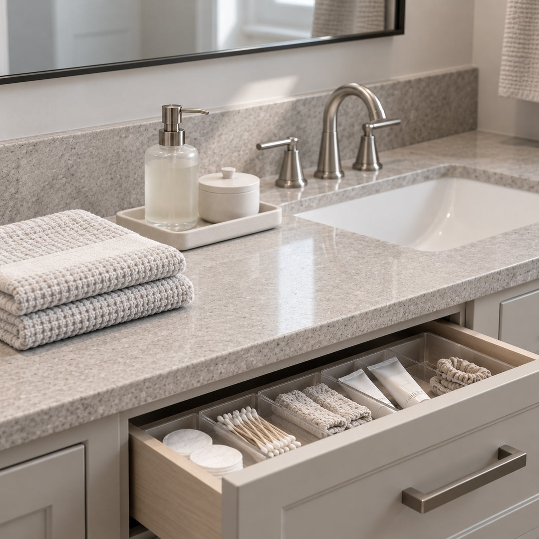 Organised bathroom vanity with folded towels and everyday essentials in an open drawer