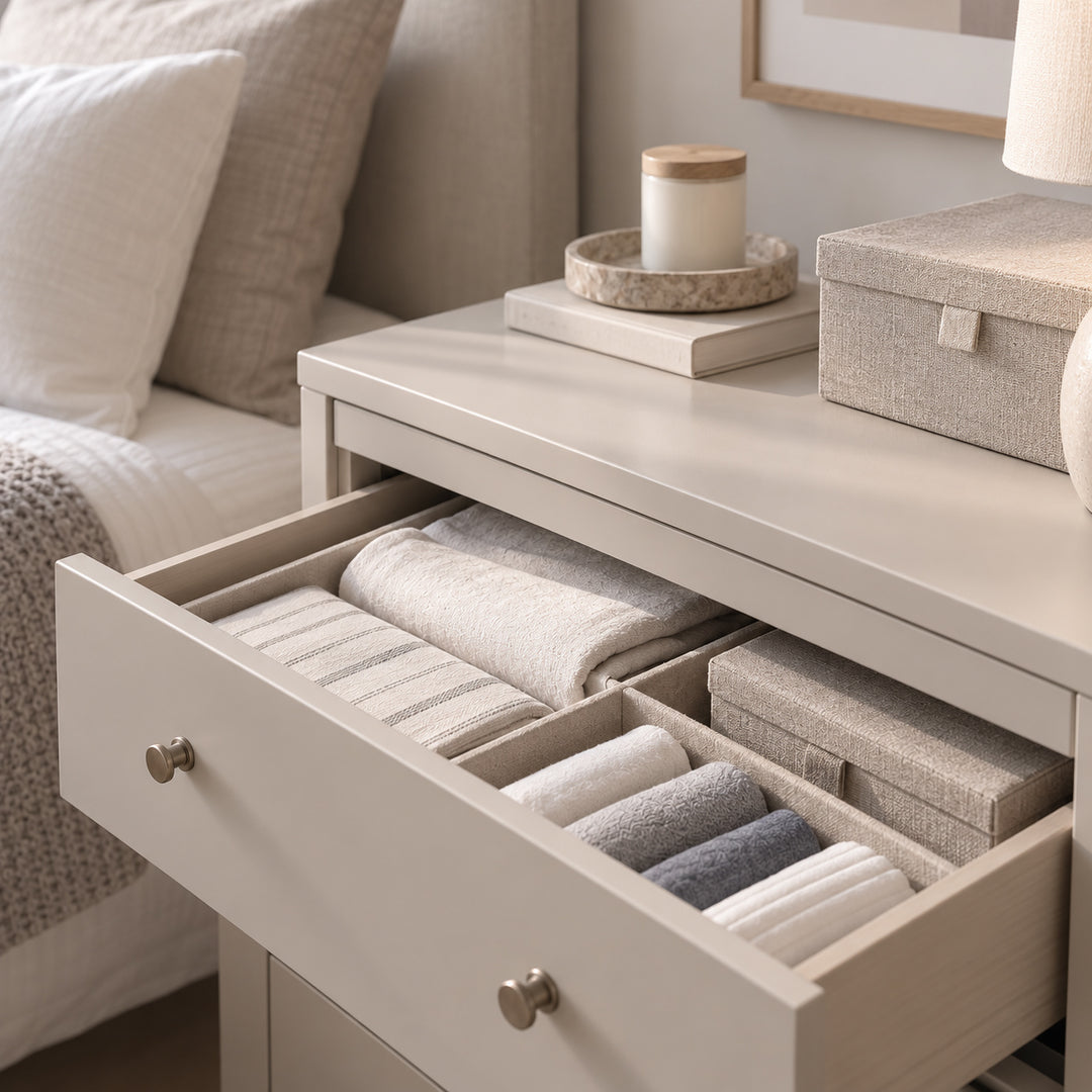 Organised bedroom linen drawer with folded bedding and soft storage boxes