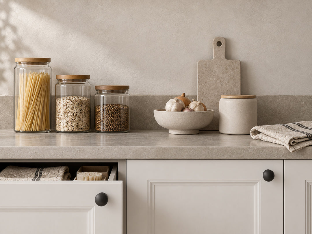 Organised kitchen counter with pantry jars, folded linen and a partially open storage drawer