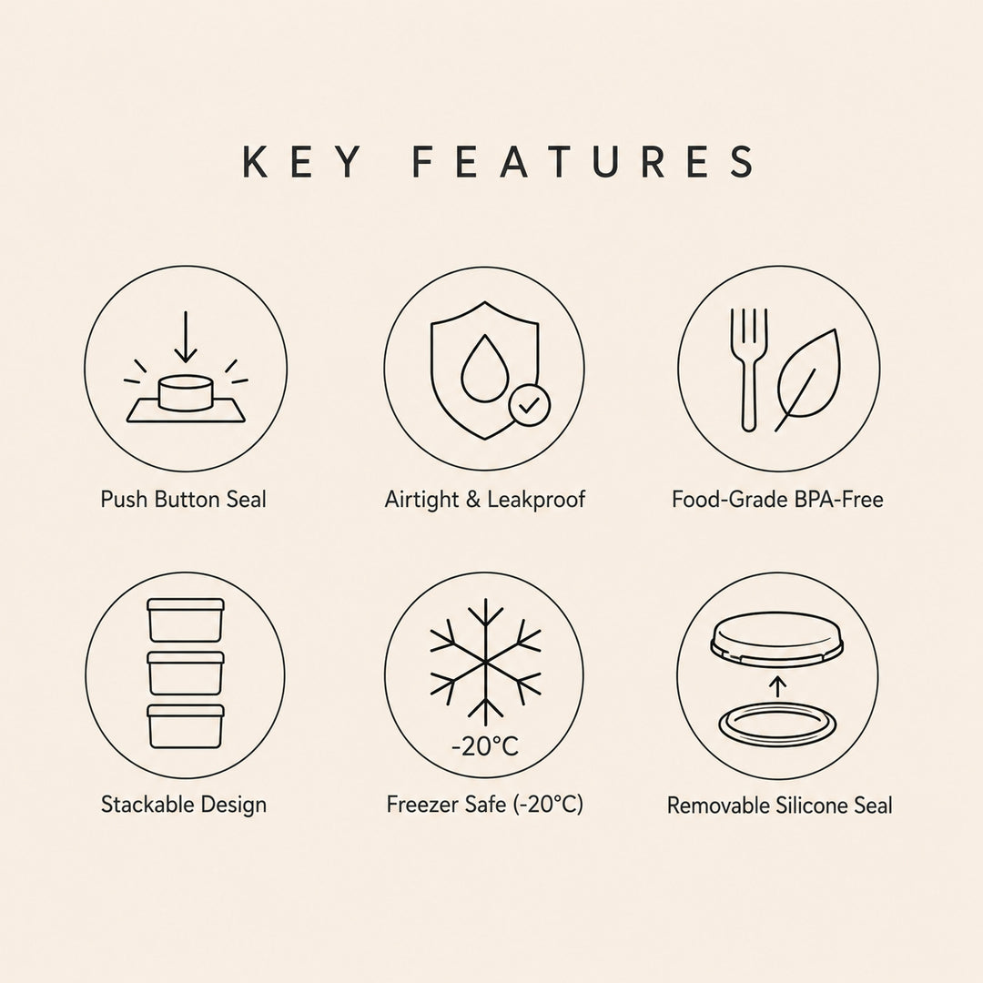 Airtight Food Storage Container key features including push button seal, airtight storage, BPA-free material, stackable design and freezer safe
