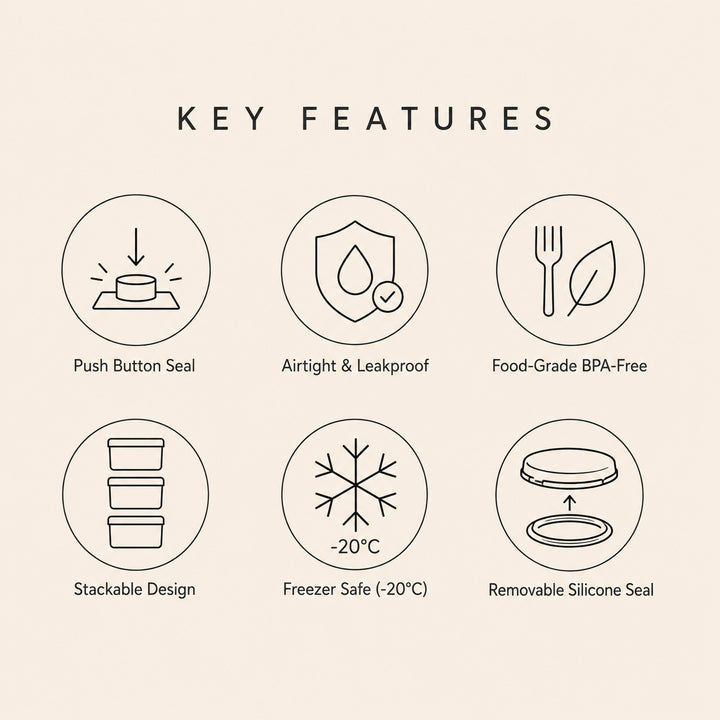 Airtight Food Storage Container key features including push button seal, airtight storage, BPA-free material, stackable design and freezer safe