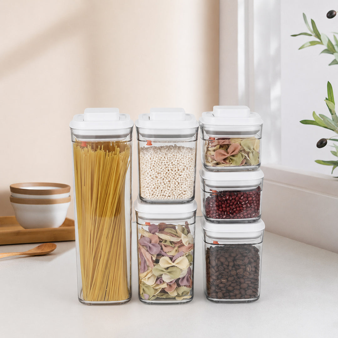 Airtight food storage containers organised on a kitchen countertop