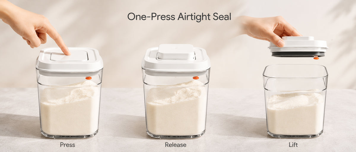 One-Press Airtight Seal system showing press, release and lift operation on the airtight food storage container