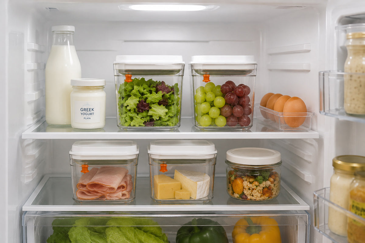 Airtight food storage containers keeping fresh ingredients neatly organised in the refrigerator