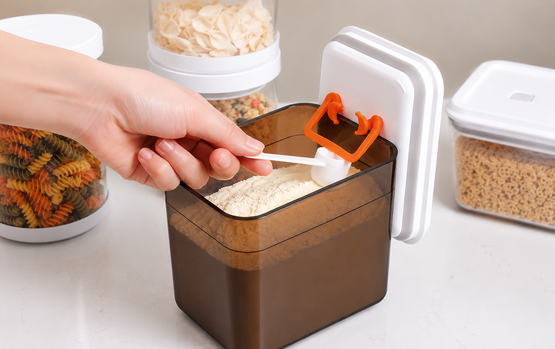 Airtight food storage container with built-in scoop leveling hook for accurate formula measuring