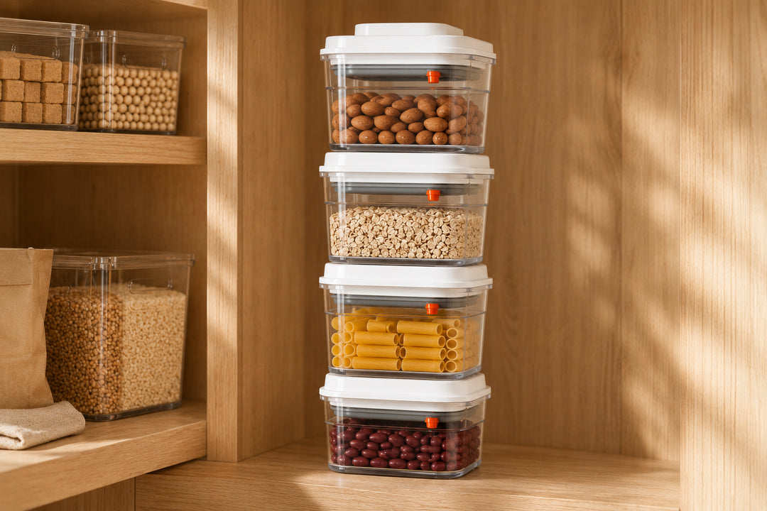 Stackable airtight food storage containers neatly organised on a pantry shelf