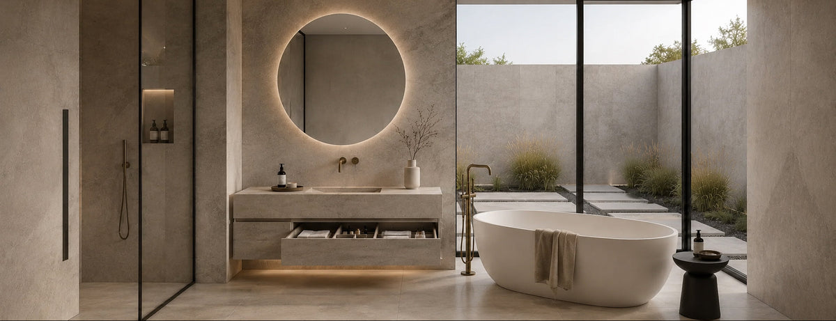 Modern bathroom with organised vanity storage, walk-in shower and freestanding bath