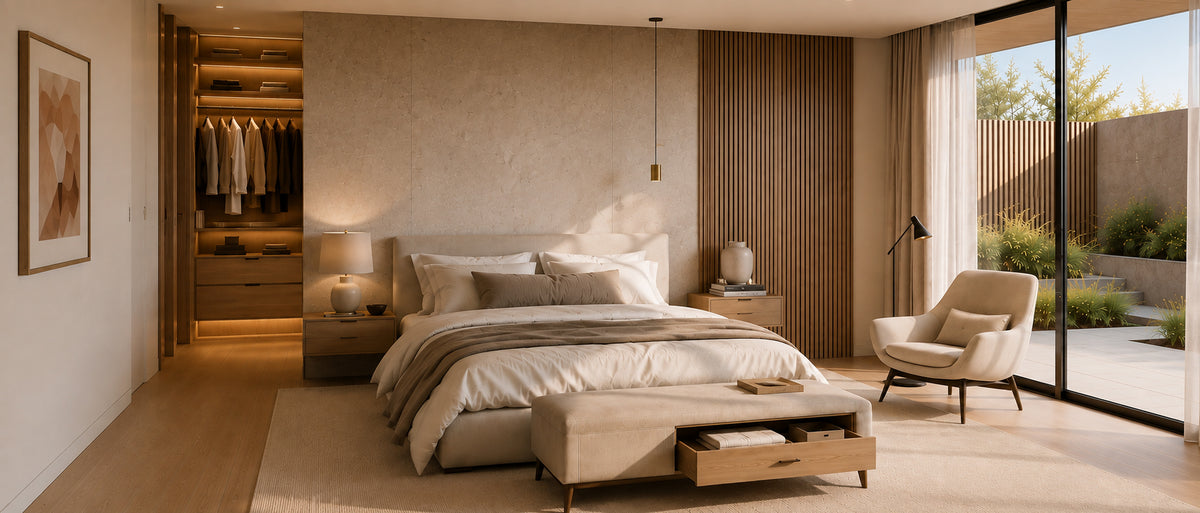 Warm modern bedroom with built-in wardrobe and integrated storage