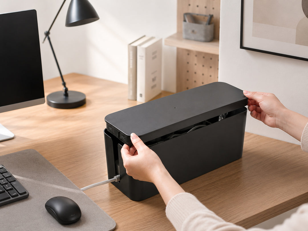 Black cable management box with removable lid being lifted