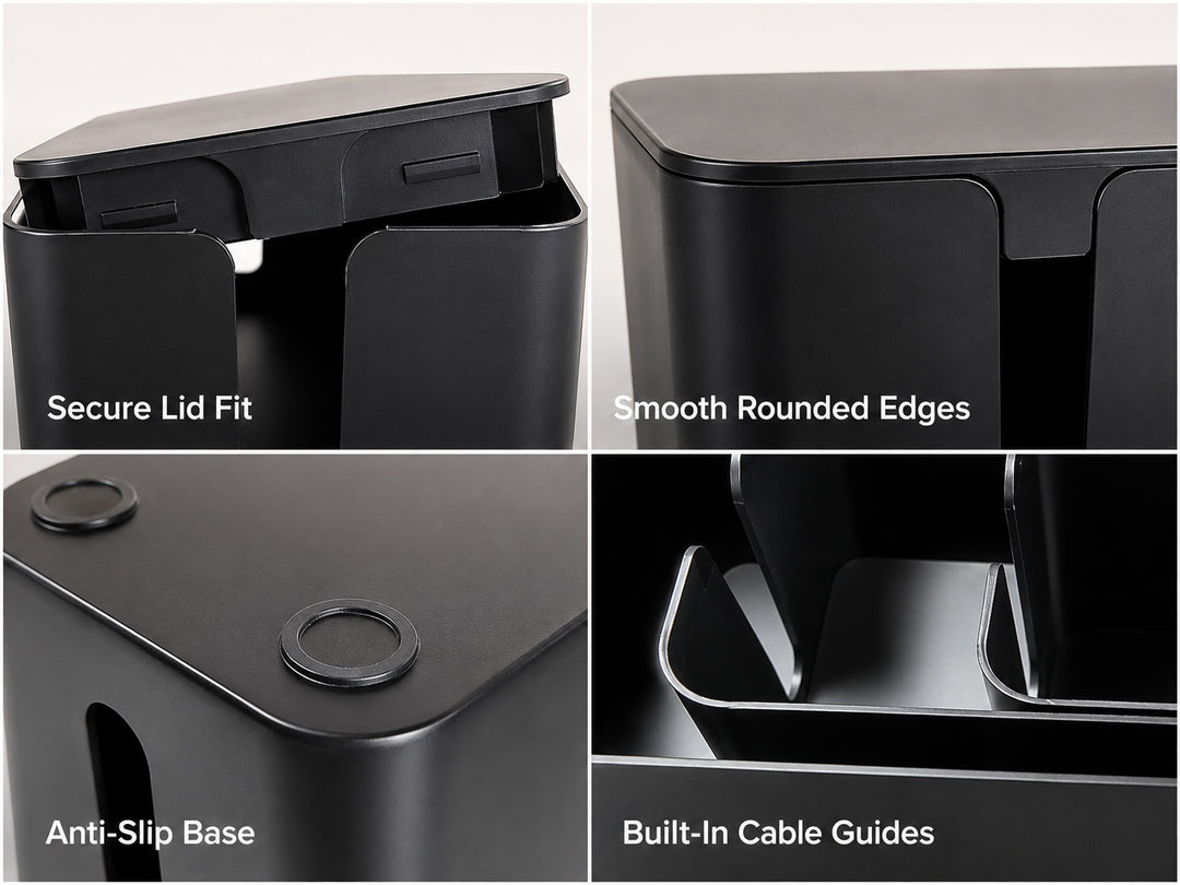 Cable management box with secure lid, rounded edges, anti-slip base and built-in cable guides