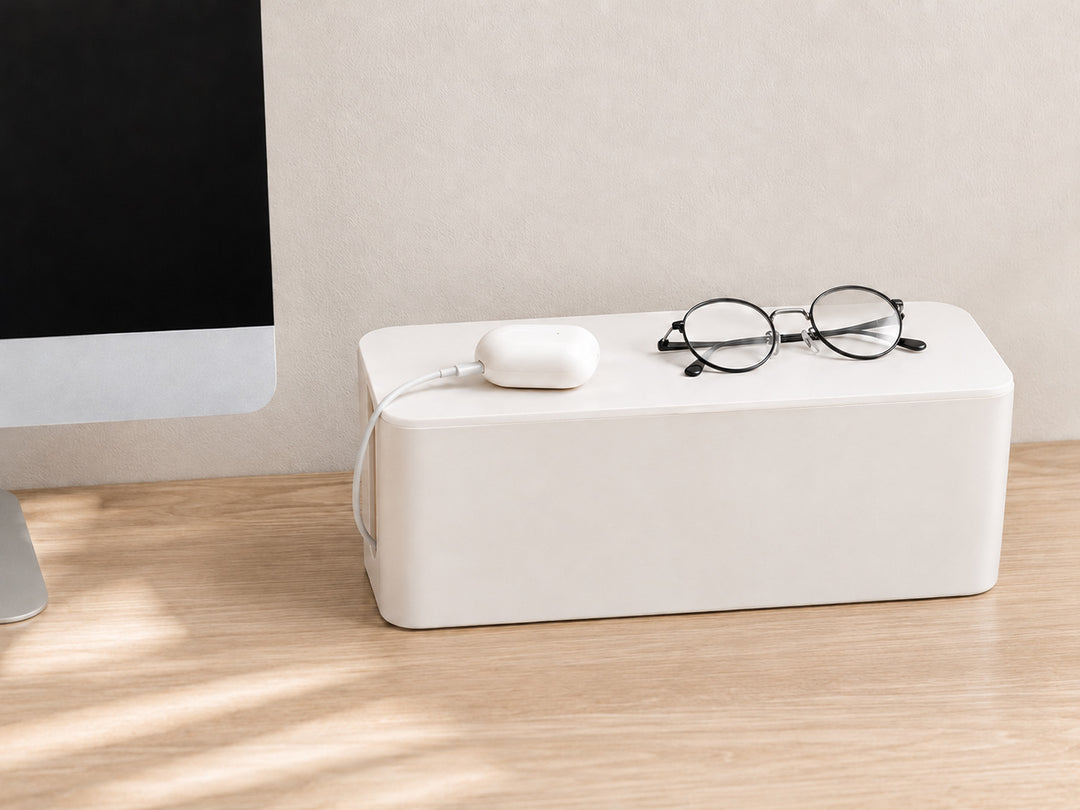 White cable management box with top storage for charging earbuds and glasses