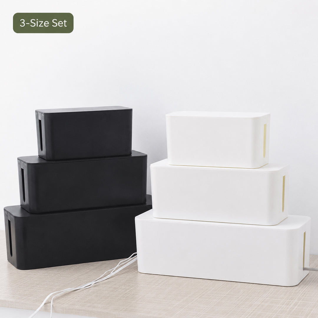 Black and white 3-size Cable Management Box set in small, medium and large sizes