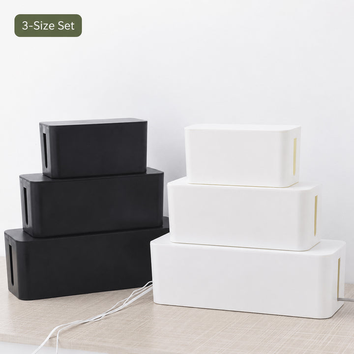 Black and white 3-size Cable Management Box set in small, medium and large sizes
