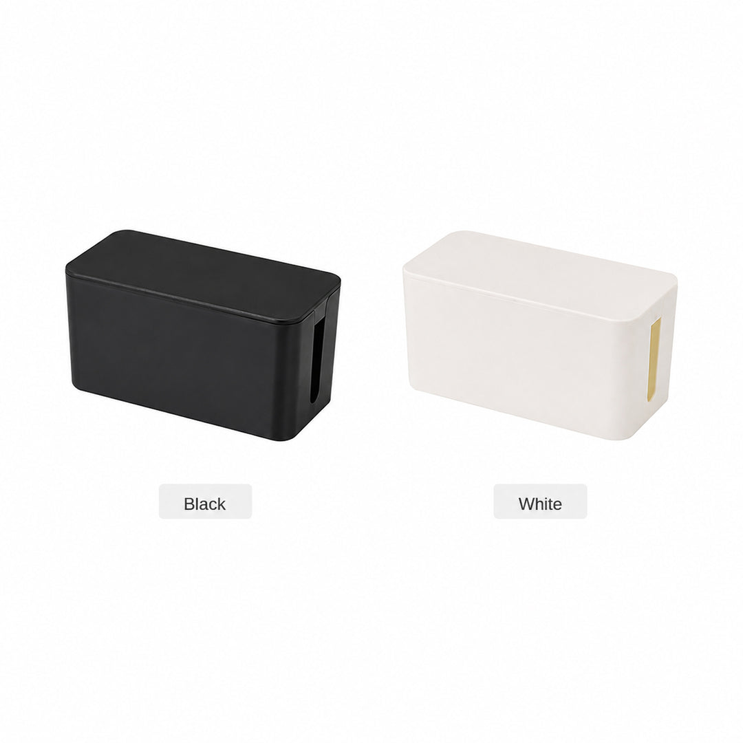 Black and white Cable Management Box with Lid shown side by side