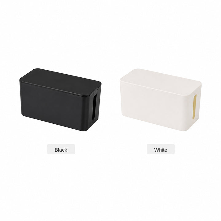 Black and white Cable Management Box with Lid shown side by side