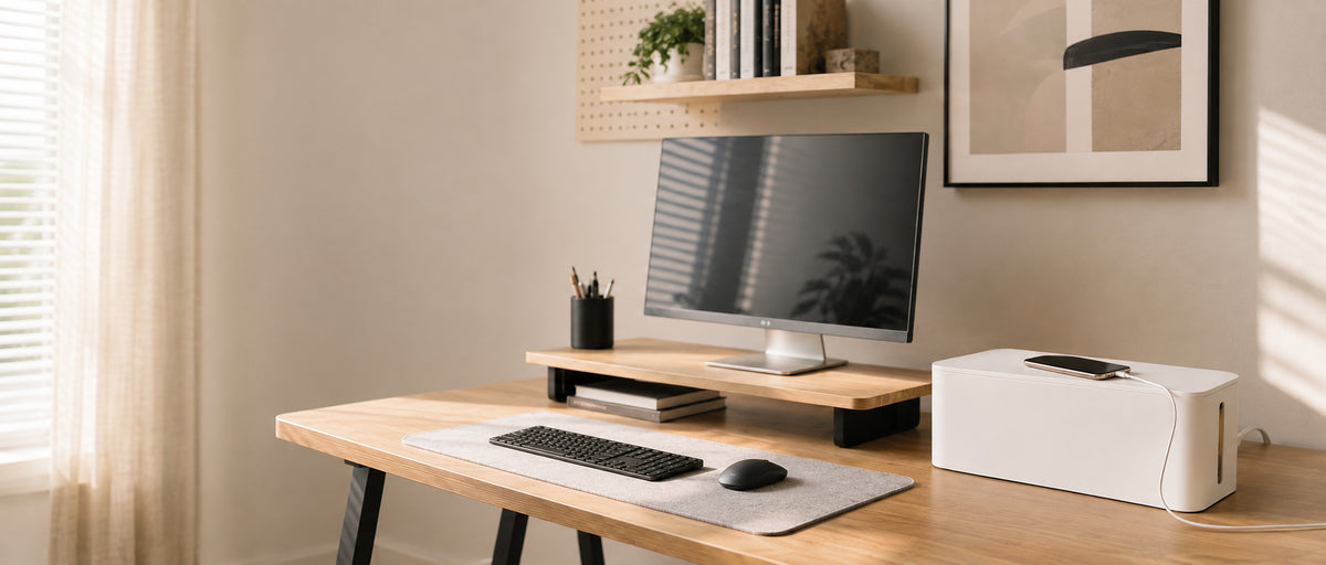 White cable management box with lid on a modern home office desk with a phone charging on top