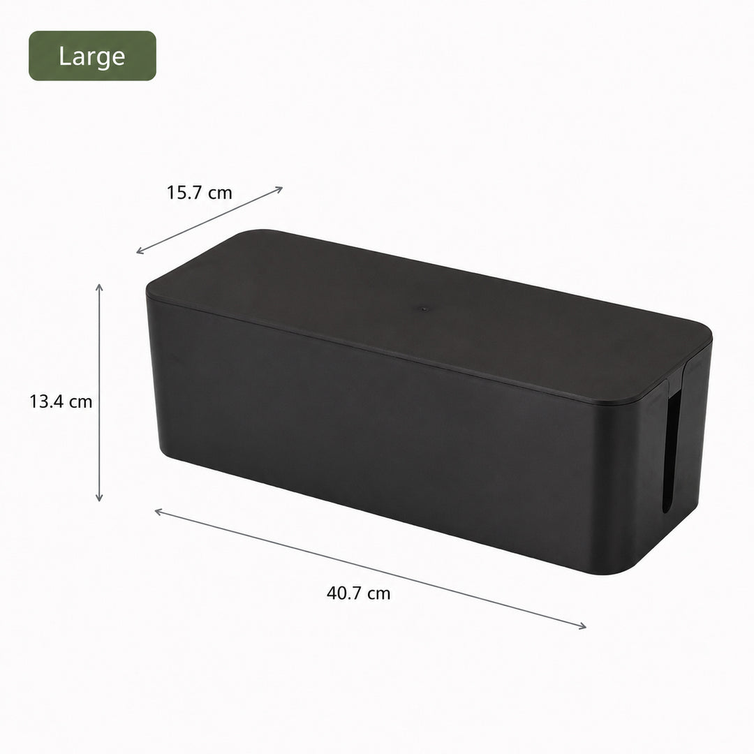 Large black Cable Management Box with Lid measuring 40.7 × 15.7 × 13.4 cm