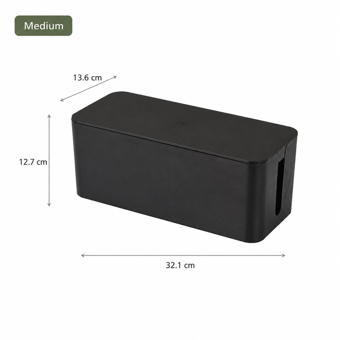 Medium black Cable Management Box with Lid measuring 32.1 × 13.6 × 12.7 cm