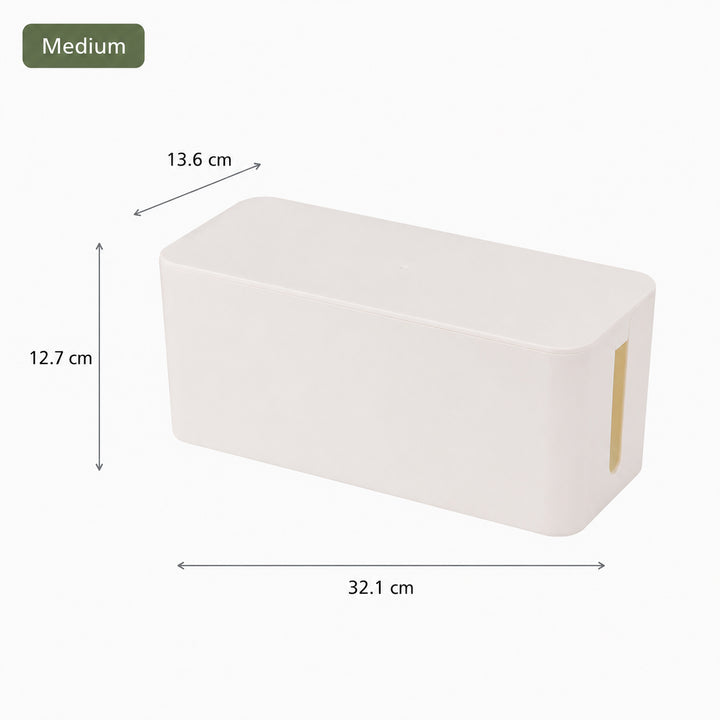 Medium white Cable Management Box with Lid measuring 32.1 × 13.6 × 12.7 cm