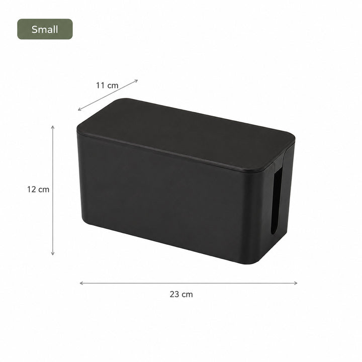 Black Small Cable Management Box with Lid measuring 23 × 11 × 12 cm