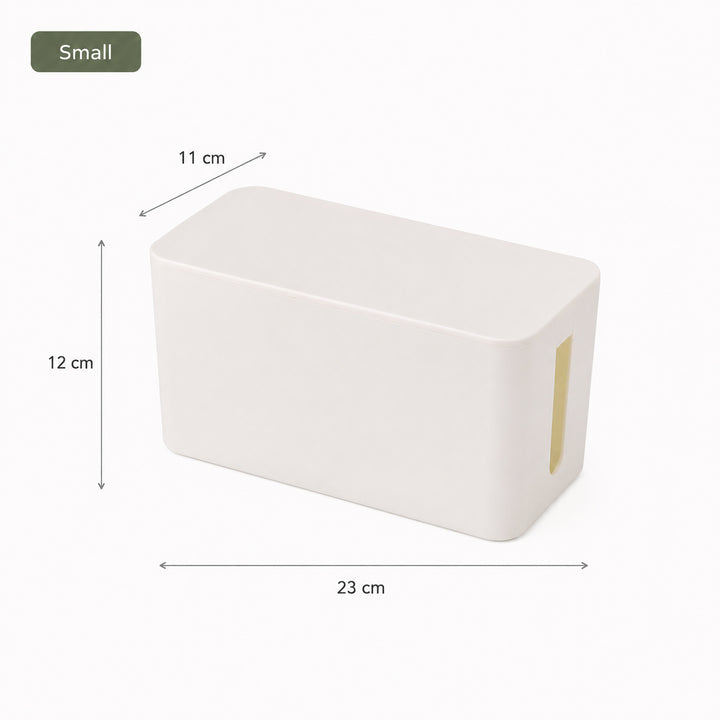 Small white Cable Management Box with Lid measuring 23 × 11 × 12 cm
