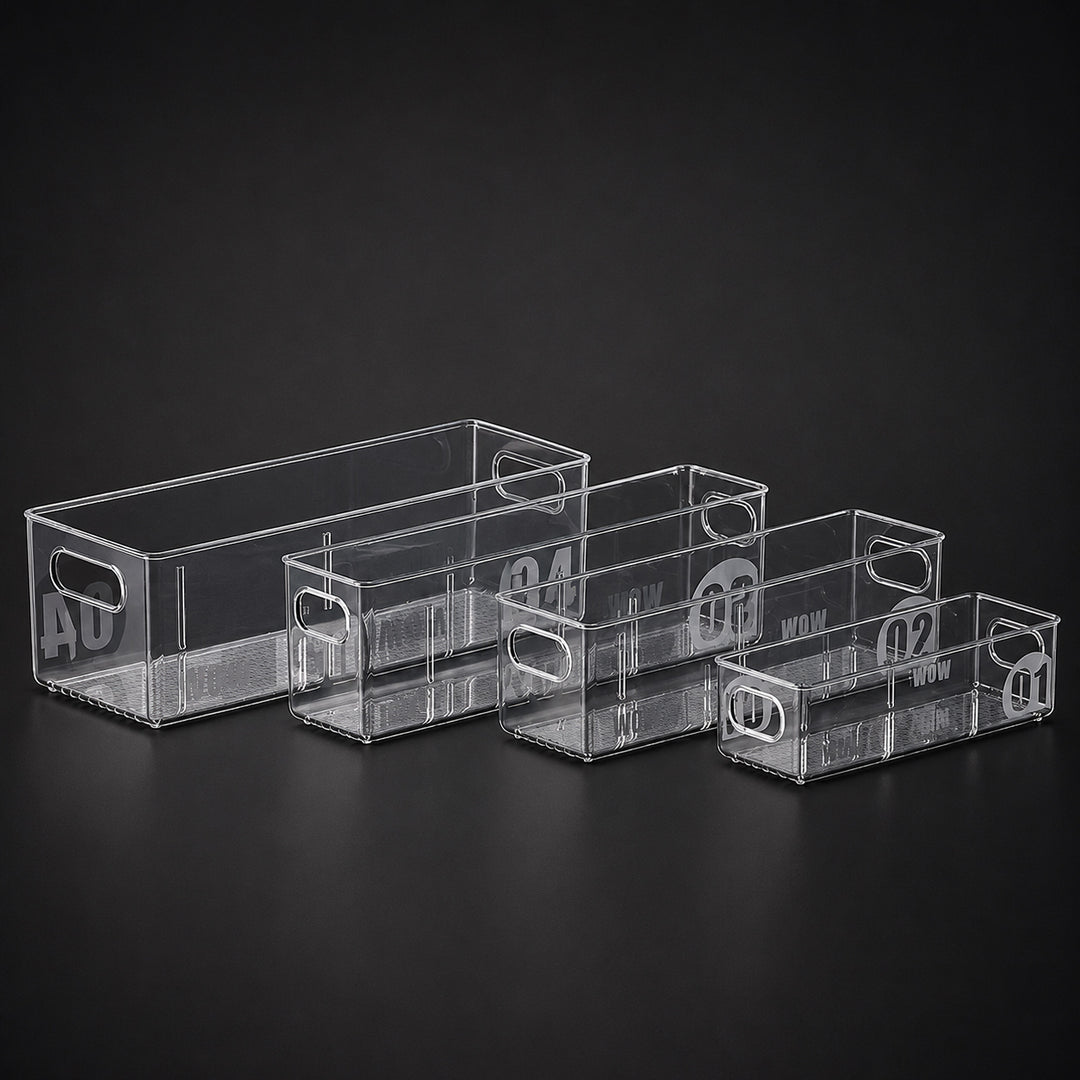 Clear Drawer Organizer in four sizes on a dark charcoal background