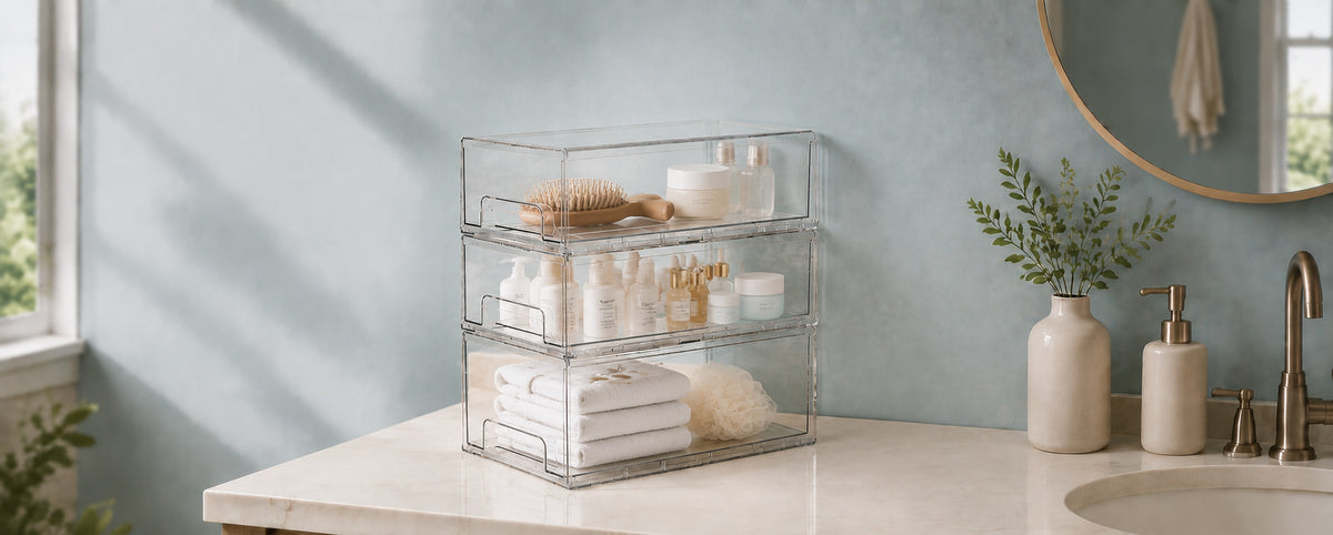 Clear Drawer Organizer used for bathroom vanity storage with skincare and towel organization