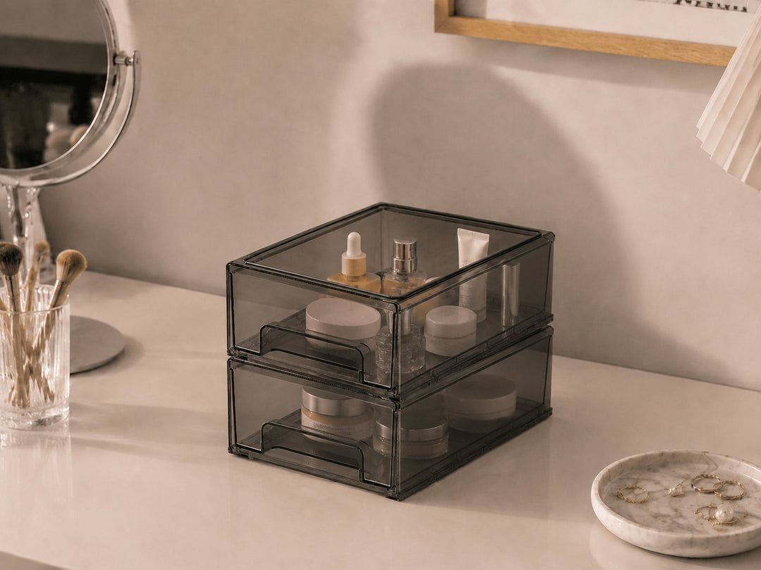 Clear Drawer Organizer used for bathroom vanity storage with skincare and daily essentials