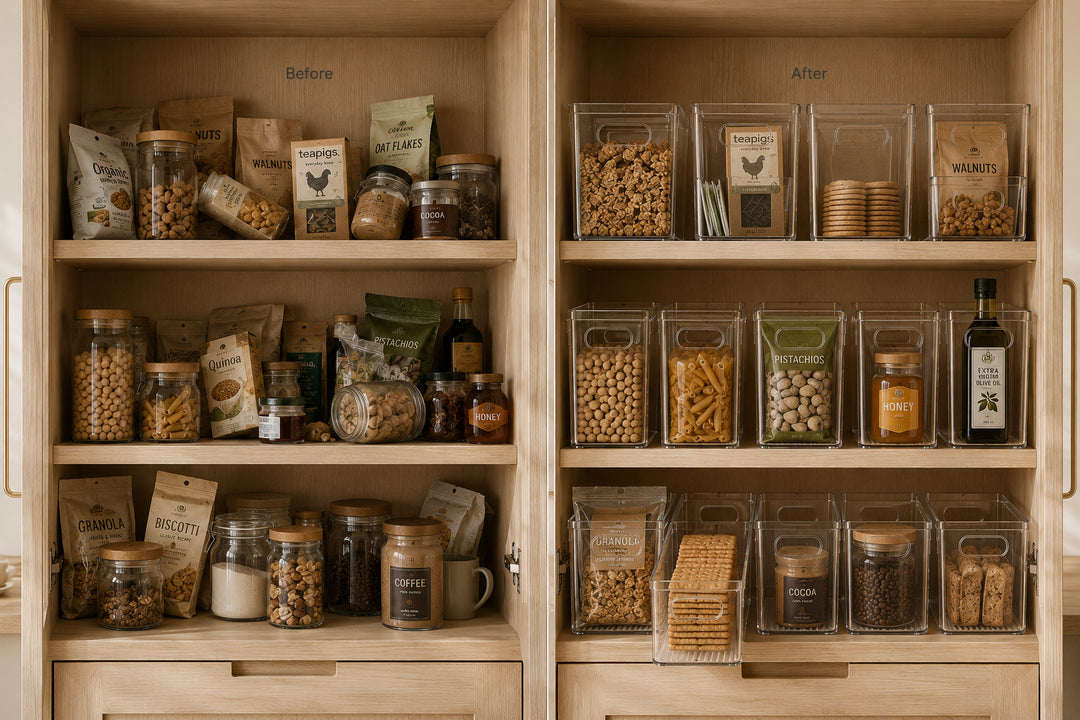 Before and after pantry organisation using clear drawer organizer bins for a cleaner, more organised cabinet.