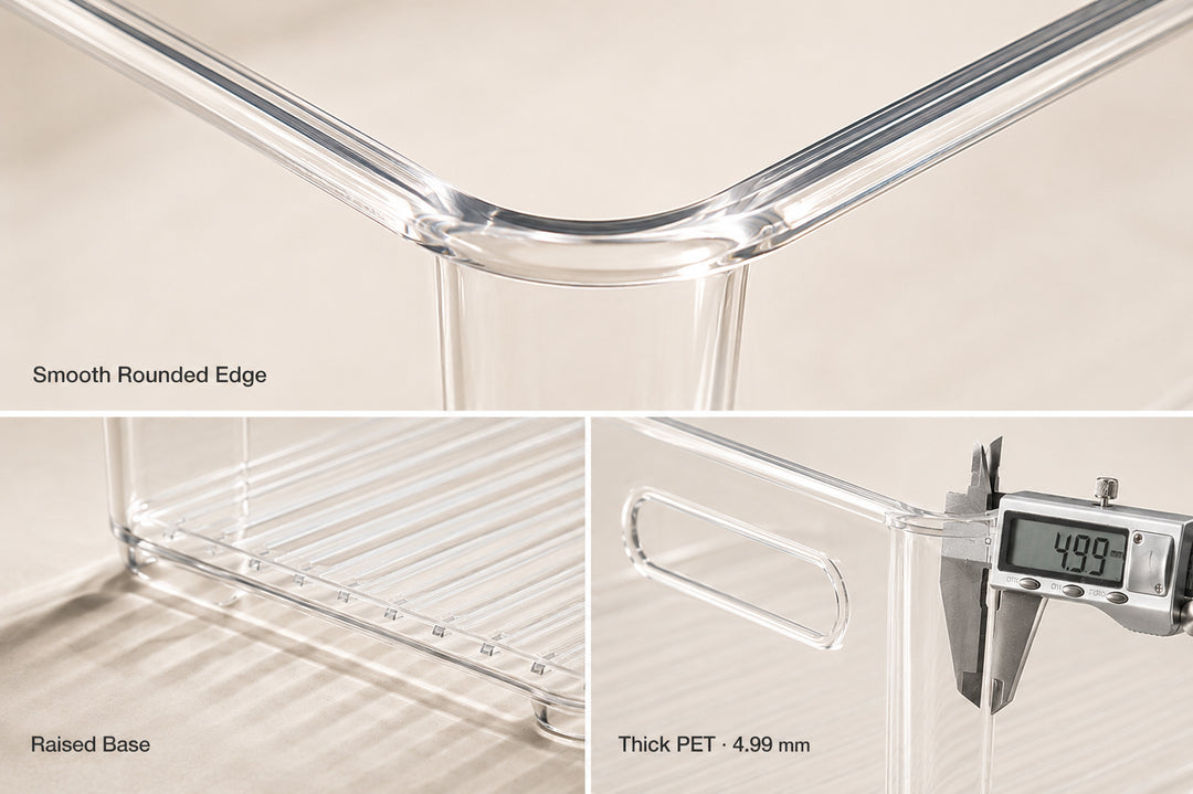 Close-up details of the Clear Drawer Organizer showing smooth rounded edges, raised base and durable 4.99 mm thick PET material.
