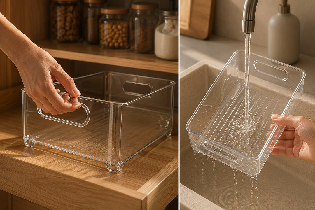 Clear Drawer Organizer being lifted by its built-in handle and rinsed clean for everyday use.