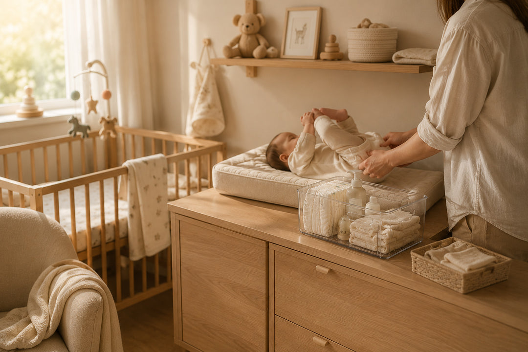 Clear Drawer Organizer neatly storing baby essentials on a nursery changing table during everyday family care.