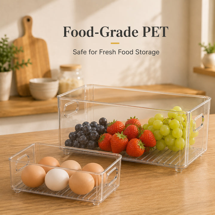 Clear Drawer Organizer made from food-grade PET for safe fresh food storage.