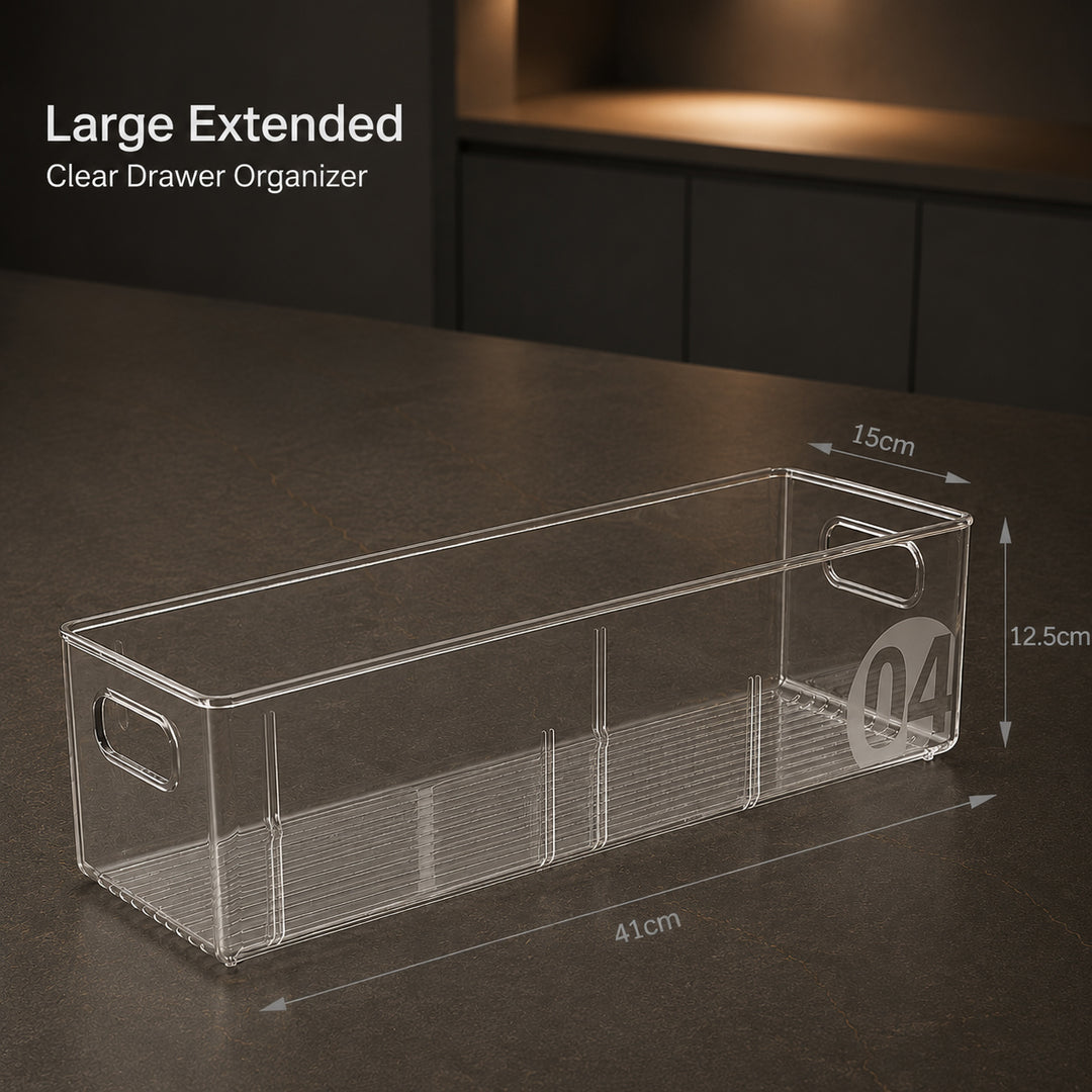 Large Extended Clear Drawer Organizer, 41 × 15 × 12.5 cm, transparent modular PET storage bin for kitchen drawers, pantry and refrigerator organization