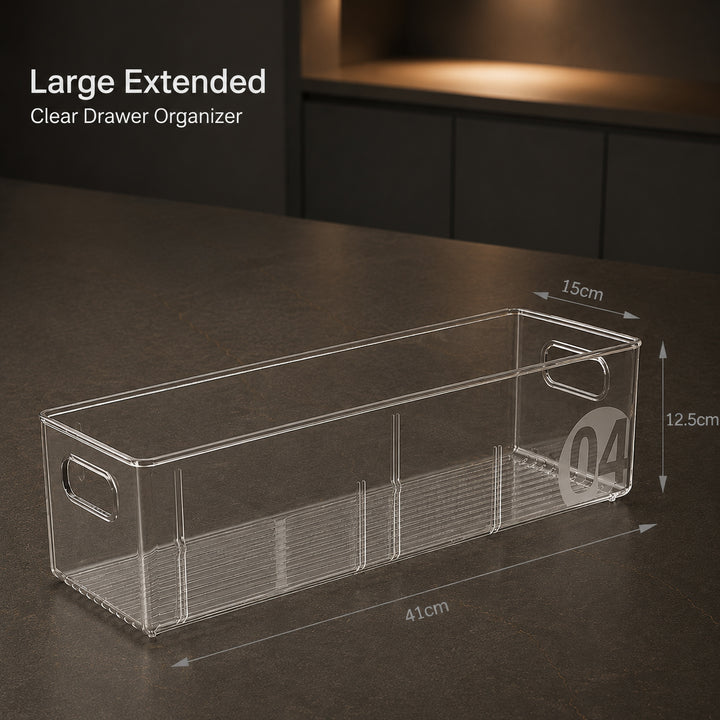 Large Extended Clear Drawer Organizer, 41 × 15 × 12.5 cm, transparent modular PET storage bin for kitchen drawers, pantry and refrigerator organization