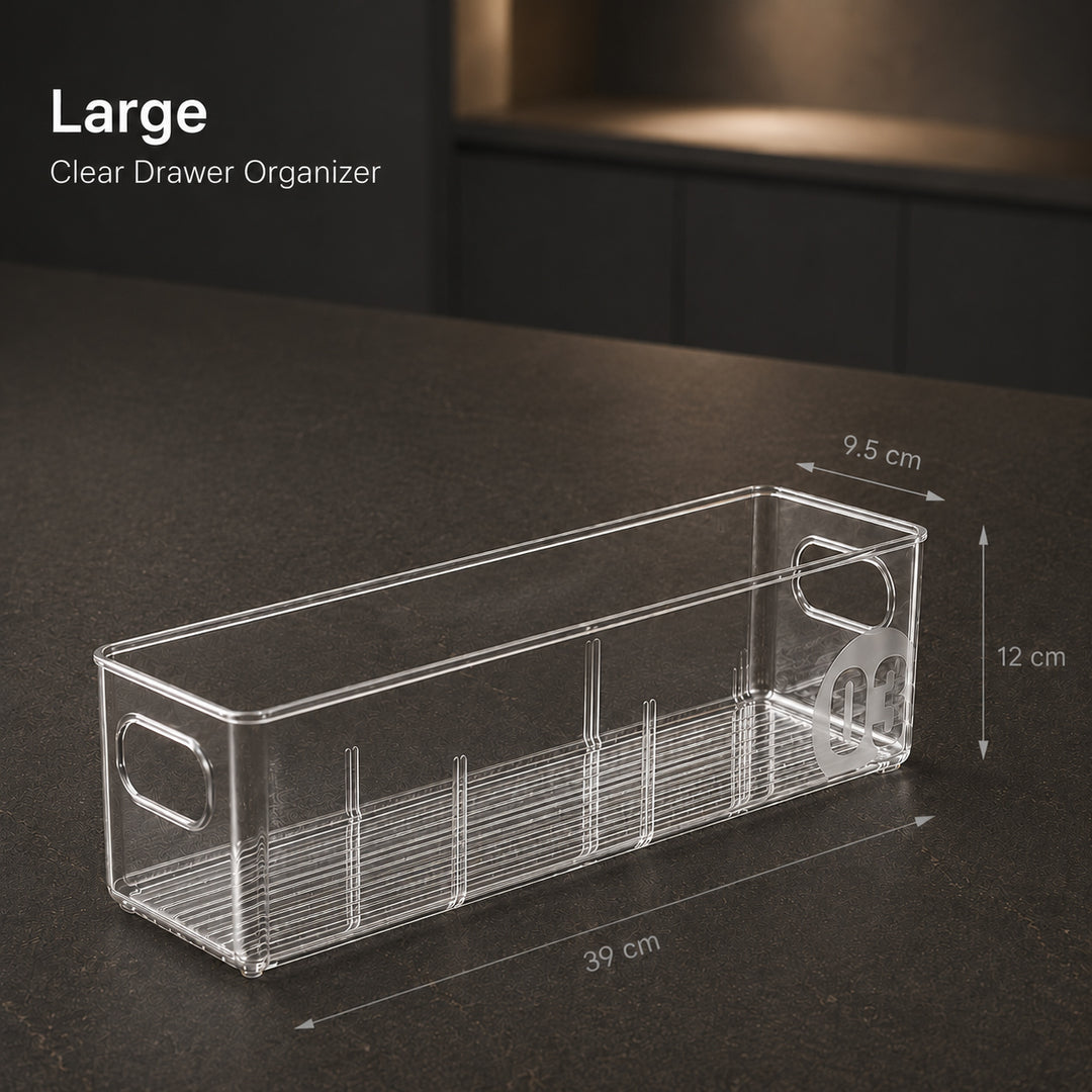 Large Clear Drawer Organizer, 39 × 9.5 × 12 cm, transparent modular PET storage bin for kitchen drawers, pantry and refrigerator organization