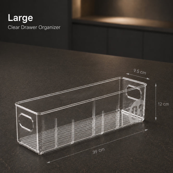 Large Clear Drawer Organizer, 39 × 9.5 × 12 cm, transparent modular PET storage bin for kitchen drawers, pantry and refrigerator organization