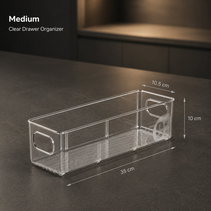 Medium Clear Drawer Organizer, 35 × 10.5 × 10 cm, transparent modular PET storage bin for kitchen drawers, pantry and refrigerator organization