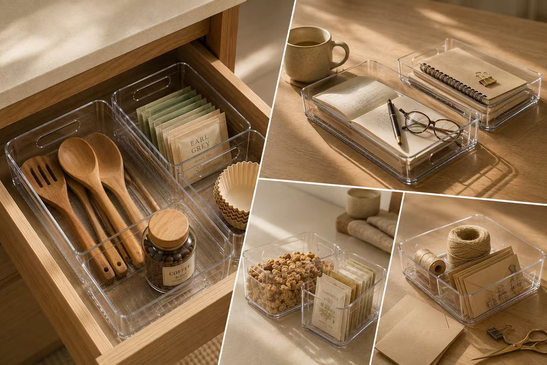 Clear drawer organizer used for kitchen, workspace, snack and home storage in a warm modern home.