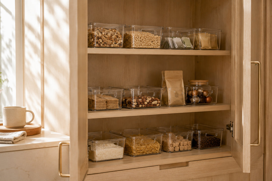 Clear Drawer Organizer neatly arranged in a modern oak pantry cabinet