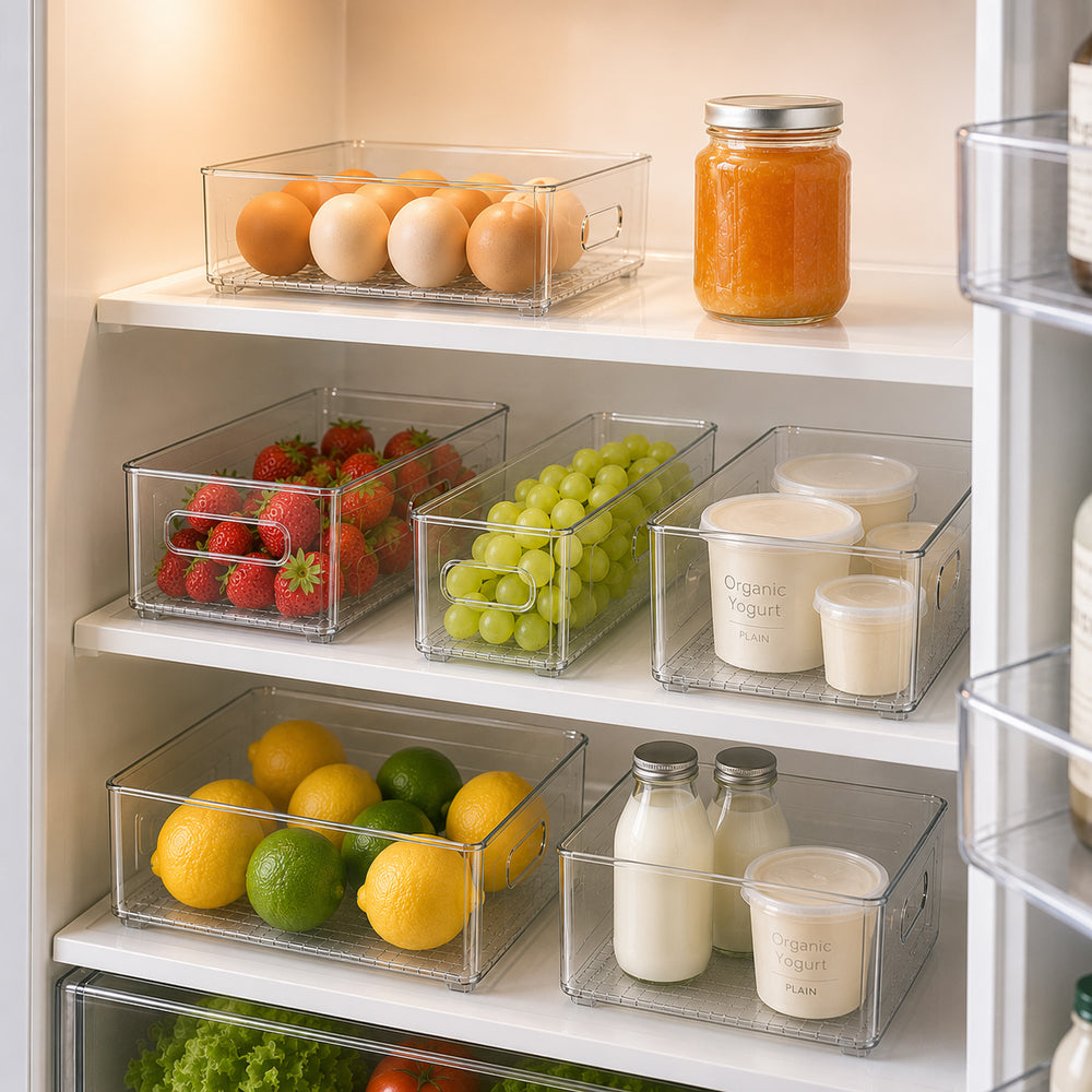 Space-saving Clear Drawer Organizer creating an organised refrigerator with fresh food storage.