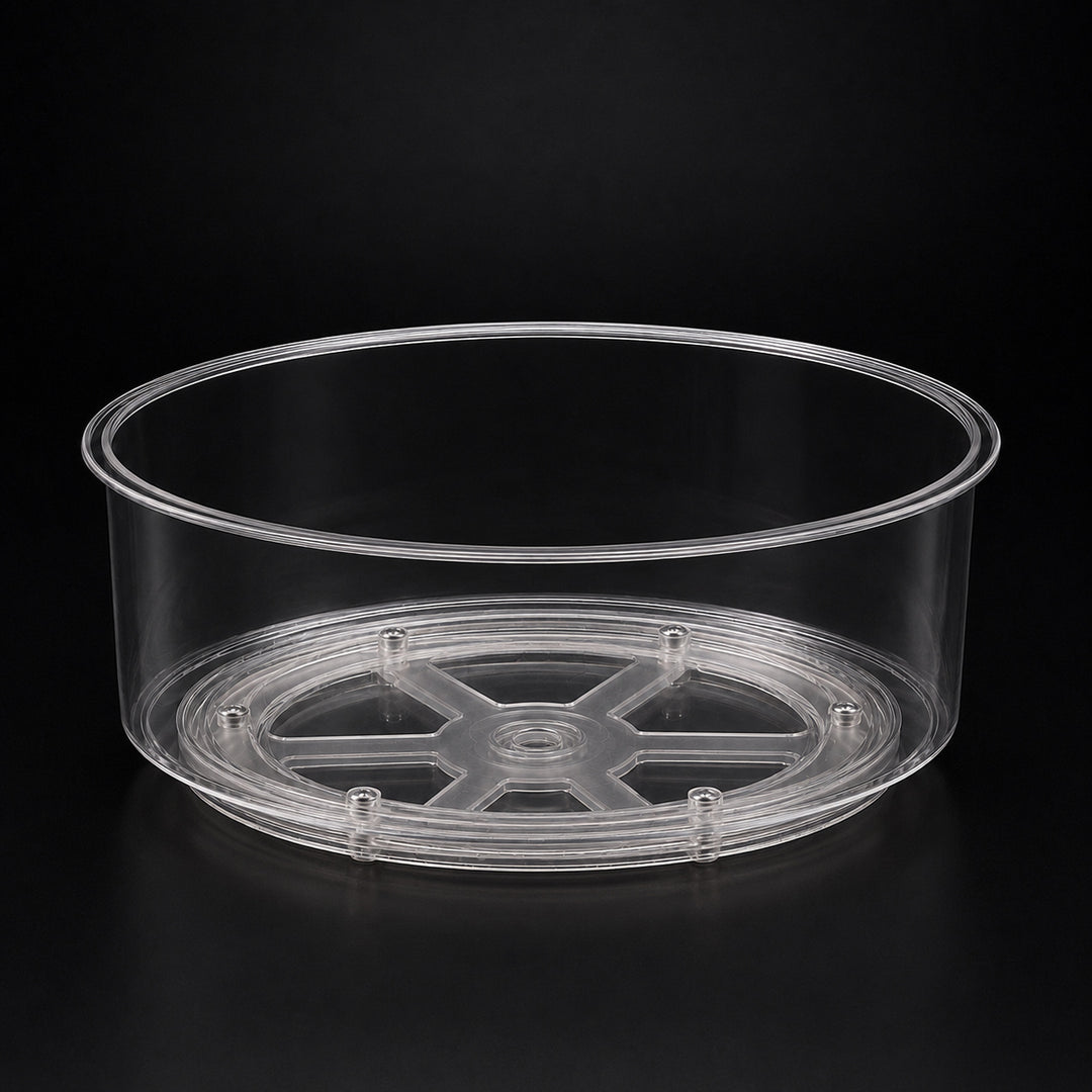 Clear Lazy Susan Turntable large 31 cm on a dark studio background