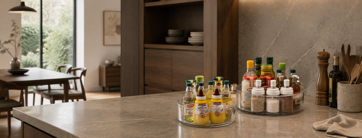 Two clear circular rotating spice and condiment organizers filled with assorted bottles and jars, placed on a light stone kitchen island in a modern kitchen setting.