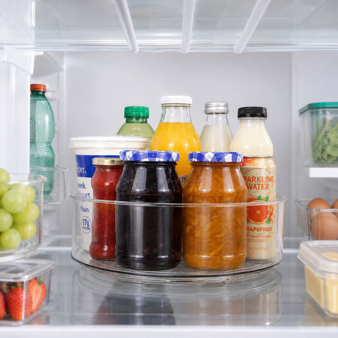 Clear Lazy Susan Turntable organizing condiments and drinks inside a refrigerator