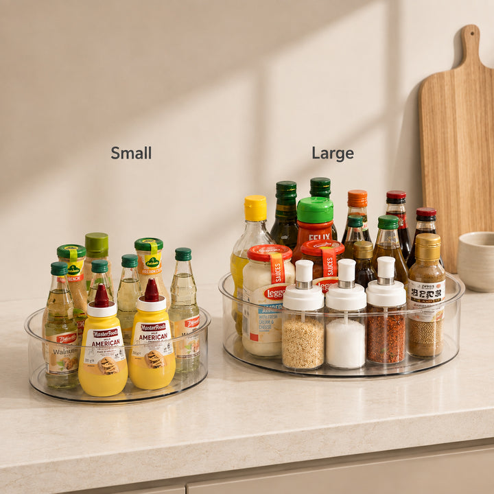 Clear Lazy Susan Turntable available in Small and Large sizes for different storage needs