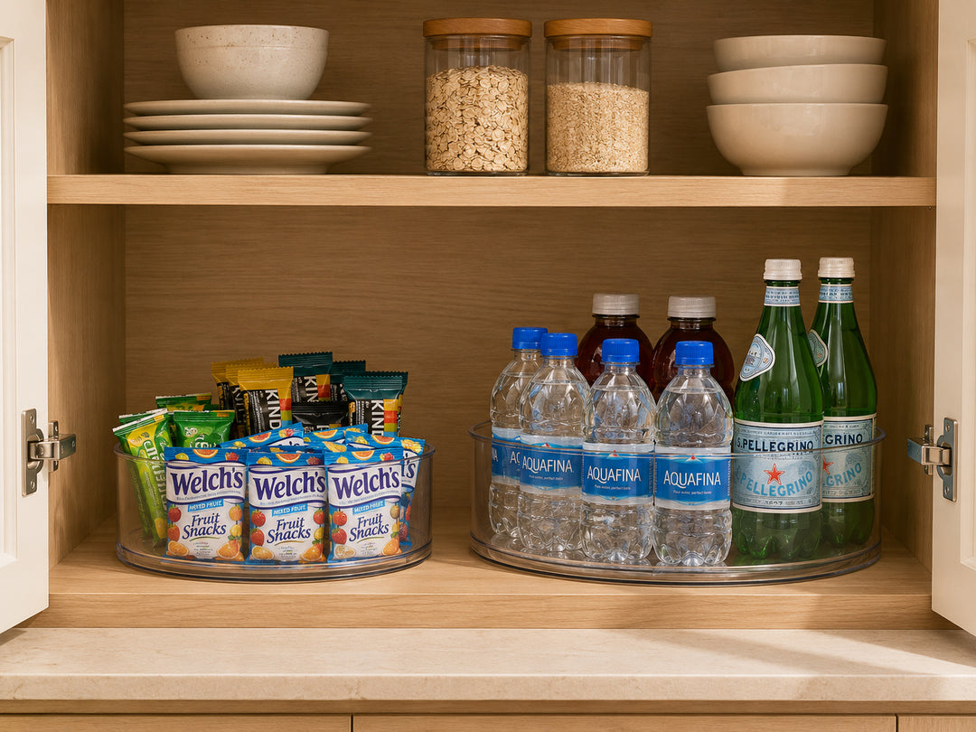 Clear Lazy Susan Turntable small and large size comparison with everyday pantry storage