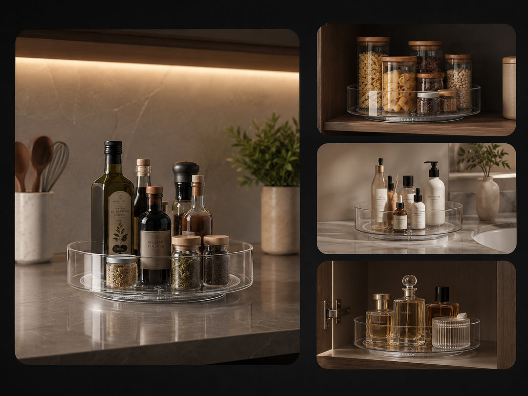 Clear Lazy Susan Turntable used for kitchen, pantry, bathroom and cabinet organisation